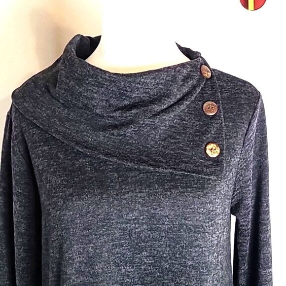 My Story Gray Sweater Dress with Aysemetrical Cowl Neck & Buttons, Size Medium - Picture 3 of 9